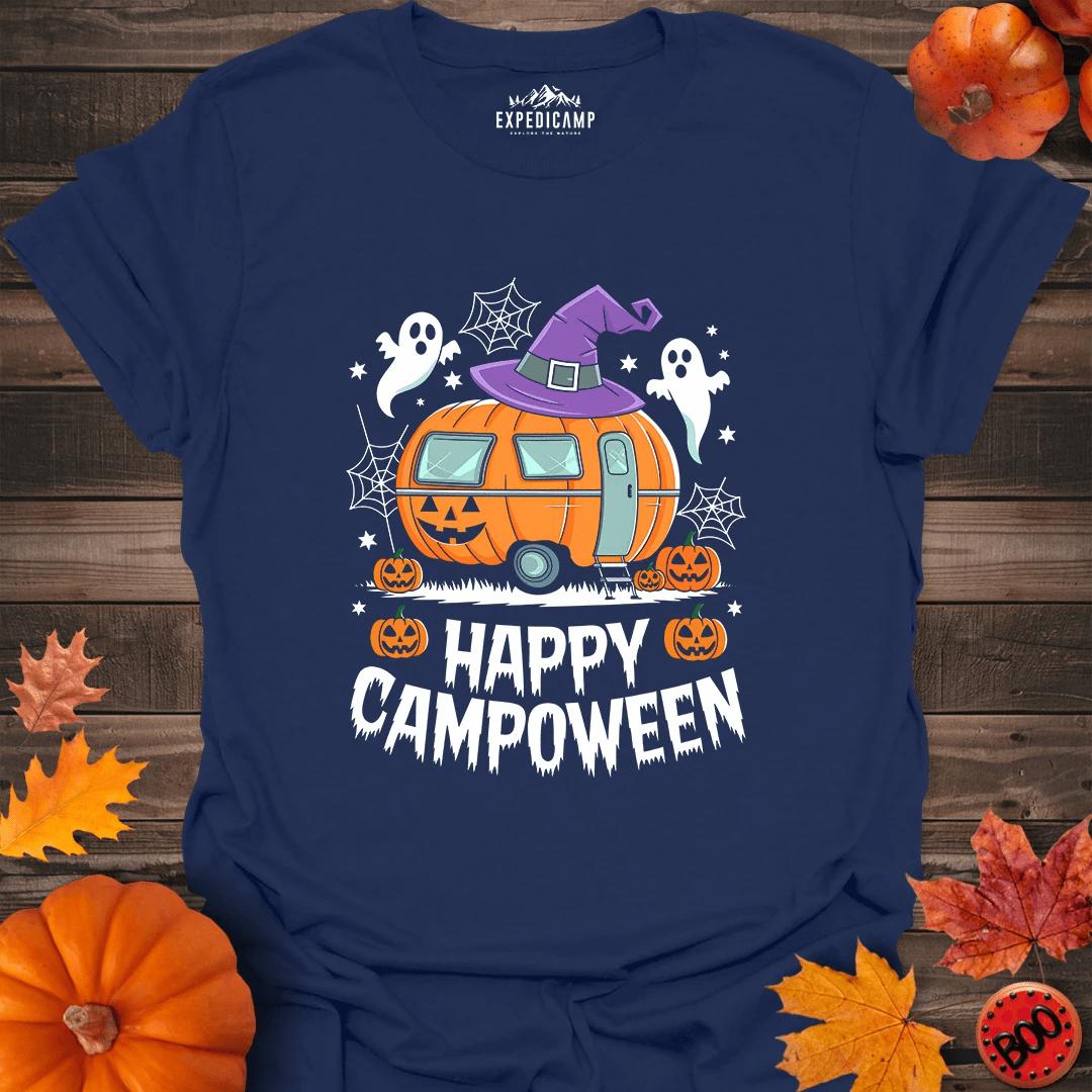 Happy Campoween T-Shirt – Navy – Outdoor apparel for travel, hiking, camping, and nature lovers – ExpediCamp
