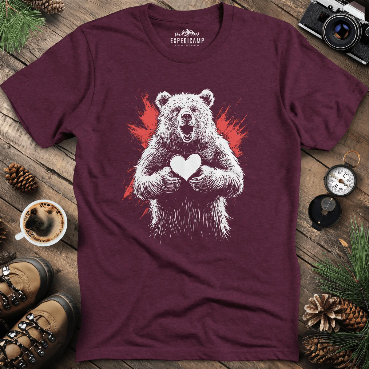 Heartwarming Bear T-Shirt – Heather Maroon – Outdoor apparel for travel, hiking, camping, and nature lovers – ExpediCamp