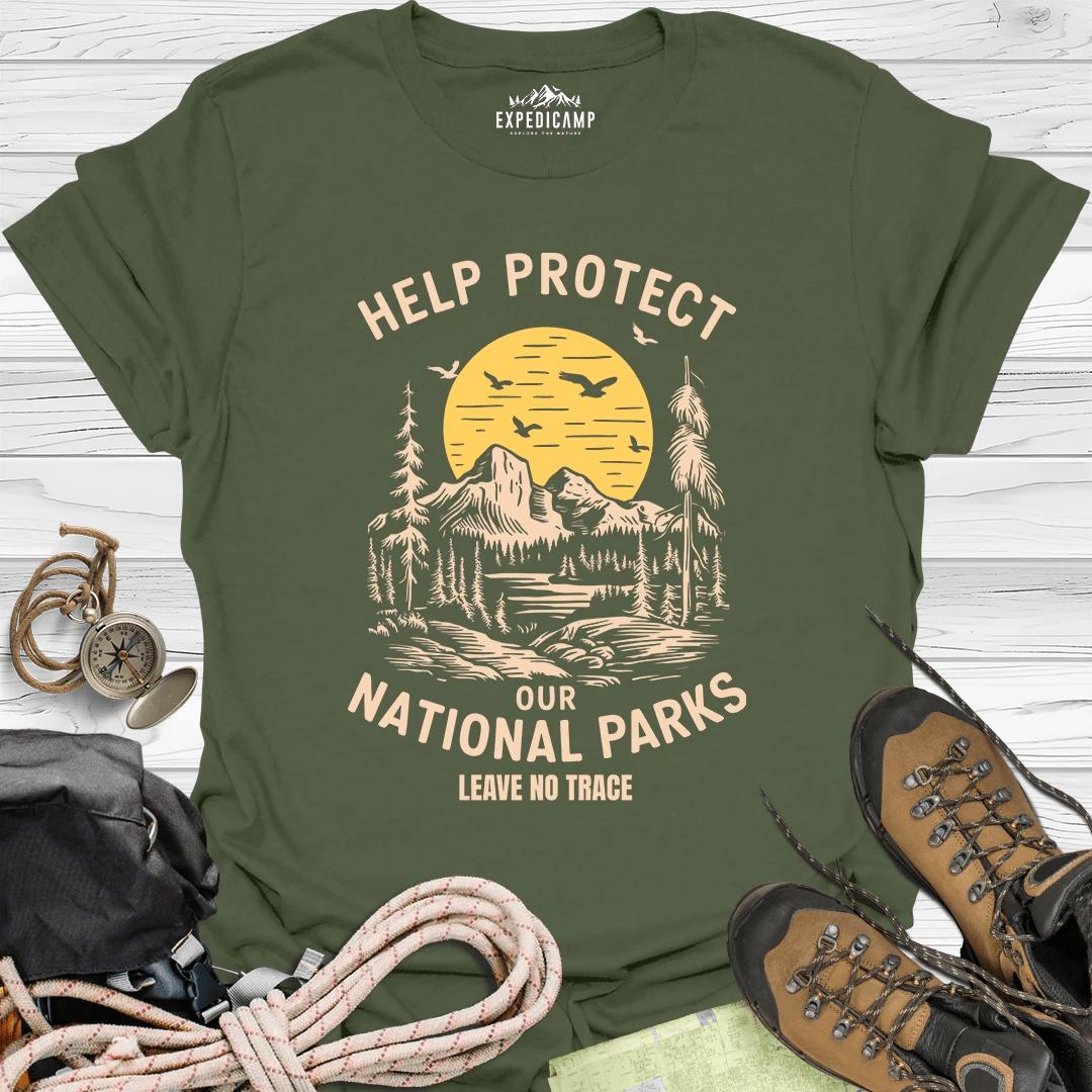 Help Protect Our National Parks Leave No Trace T-Shirt – Military Green – Outdoor apparel for travel, hiking, camping, and nature lovers – ExpediCamp
