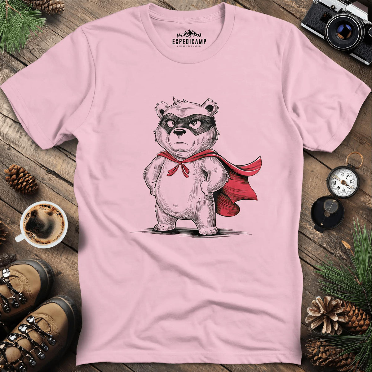 Heroic Bear with Red Cape T-Shirt – Light Pink – Outdoor apparel for travel, hiking, camping, and nature lovers – ExpediCamp