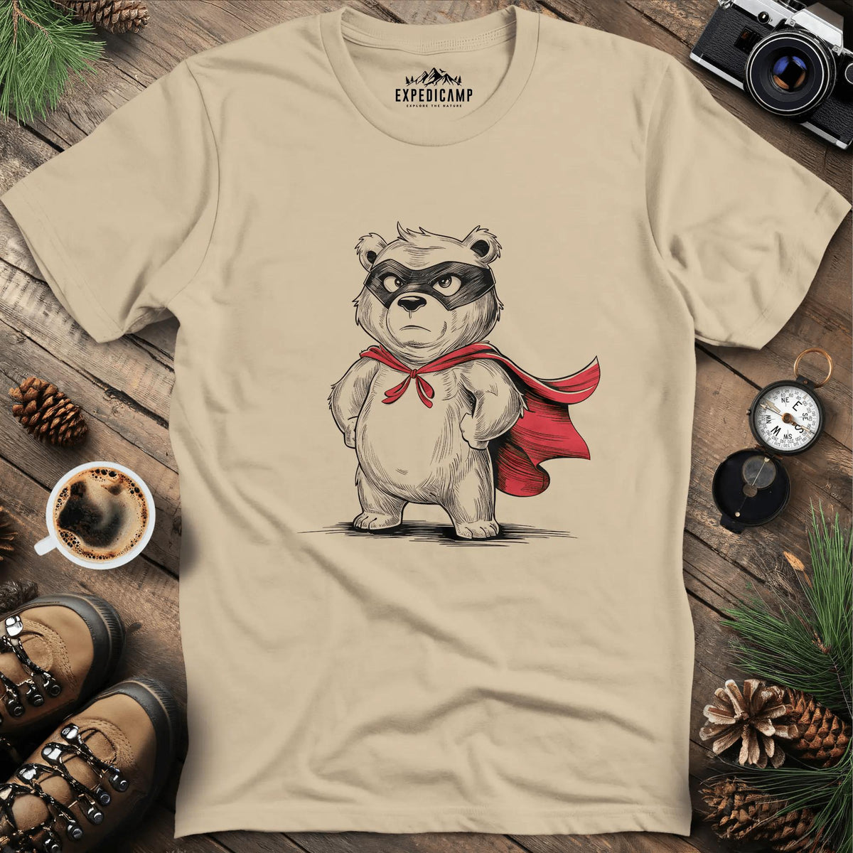 Heroic Bear with Red Cape T-Shirt – Sand – Outdoor apparel for travel, hiking, camping, and nature lovers – ExpediCamp