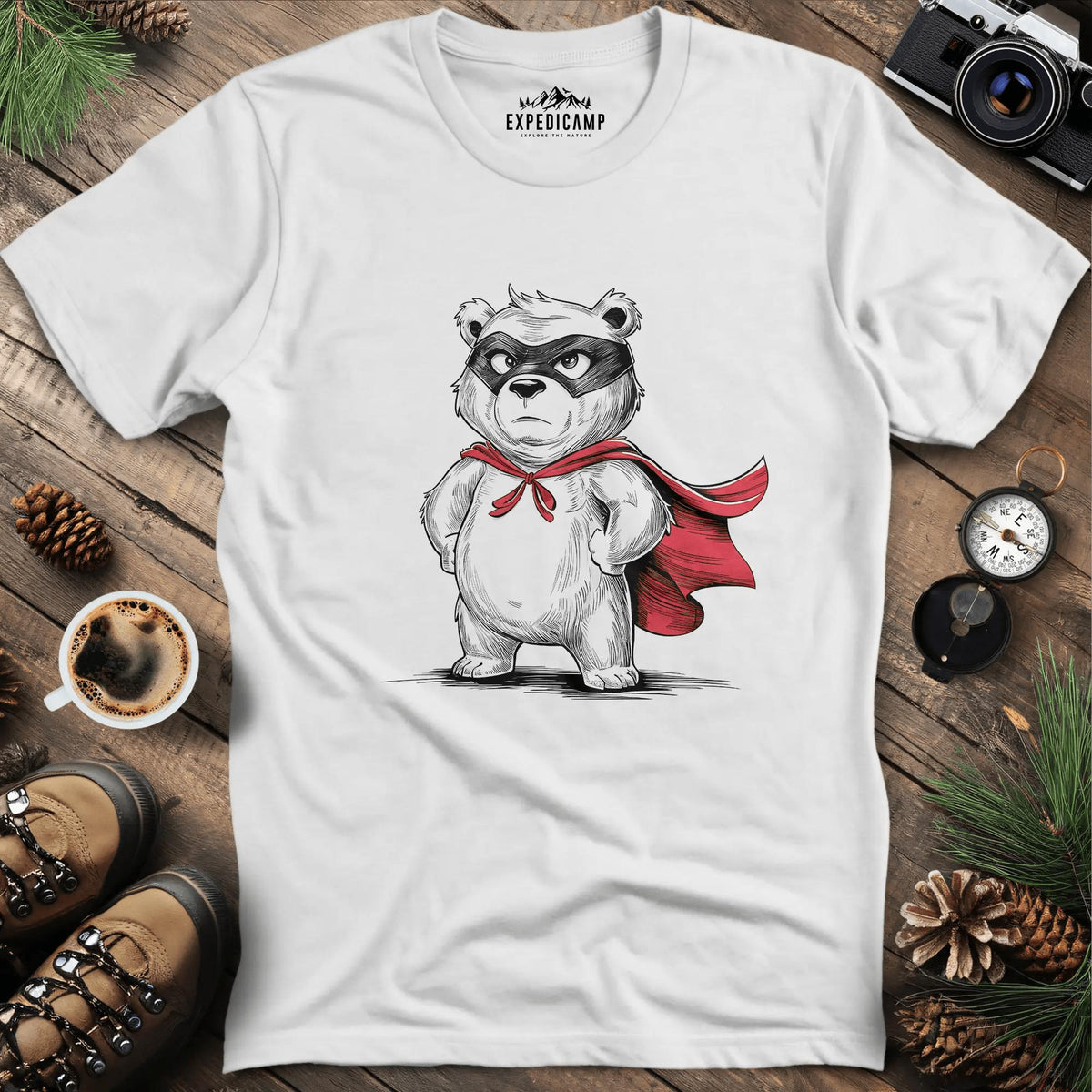 Heroic Bear with Red Cape T-Shirt – White – Outdoor apparel for travel, hiking, camping, and nature lovers – ExpediCamp