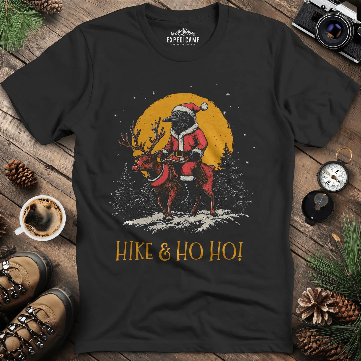 Hike & Ho Ho T-Shirt – Black – Outdoor apparel for travel, hiking, camping, and nature lovers – ExpediCamp