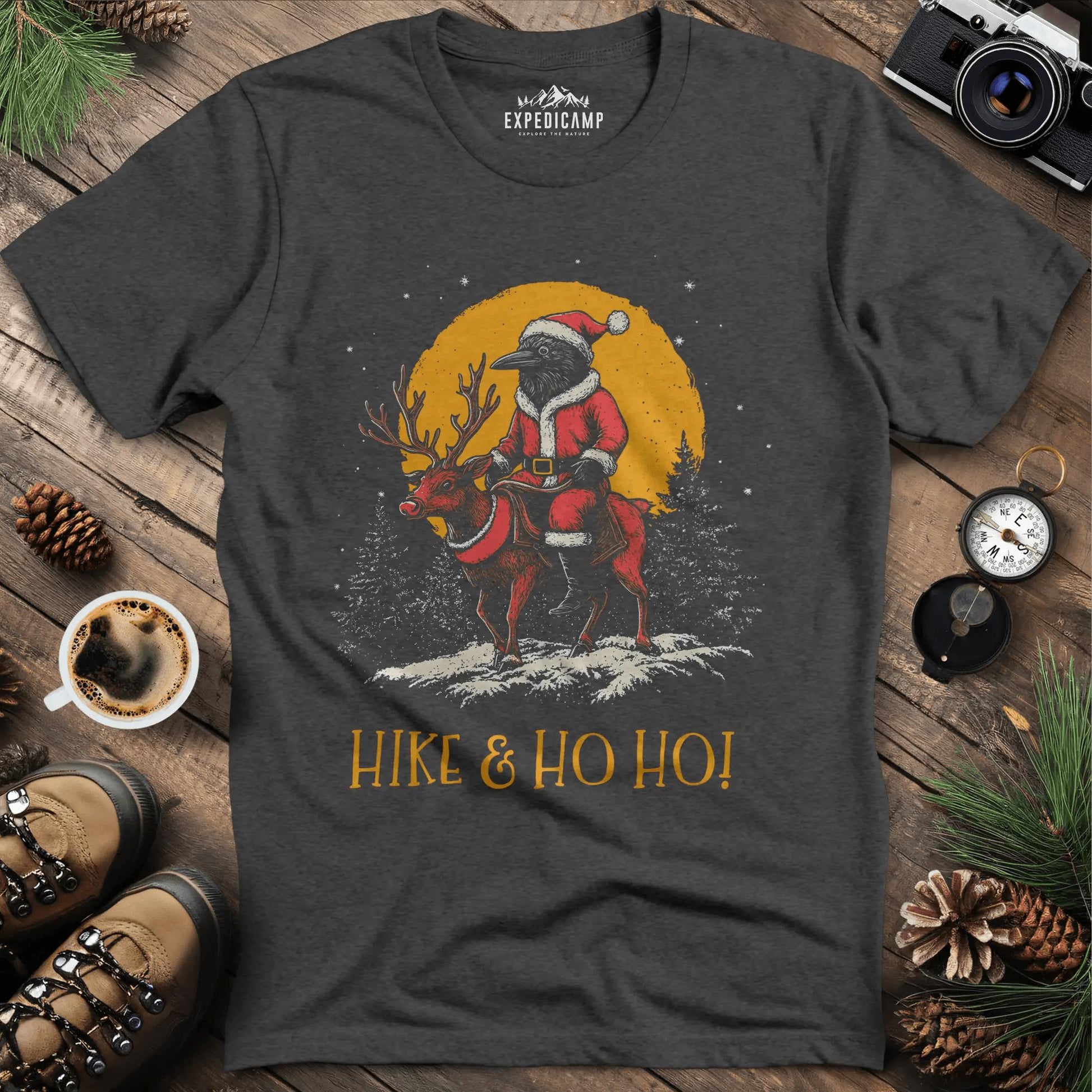Hike & Ho Ho T-Shirt – Dark Heather – Outdoor apparel for travel, hiking, camping, and nature lovers – ExpediCamp