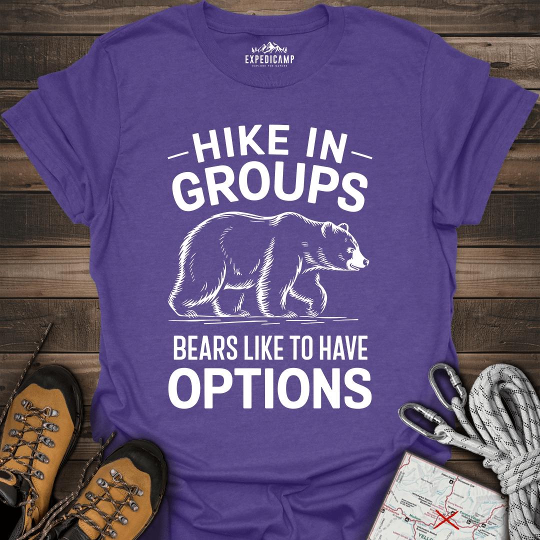 Hike In Groups Bear Like To Have Options T-Shirt – Heather Purple – Outdoor apparel for travel, hiking, camping, and nature lovers – ExpediCamp