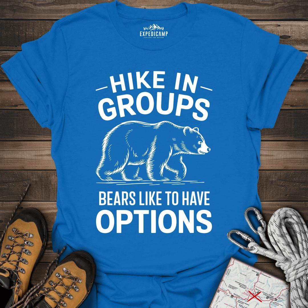Hike In Groups Bear Like To Have Options T-Shirt – Royal – Outdoor apparel for travel, hiking, camping, and nature lovers – ExpediCamp