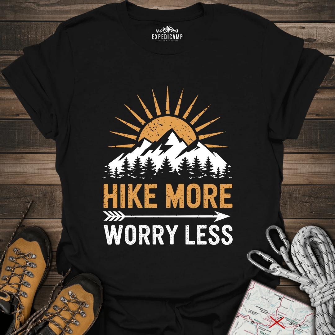 Hike More Worry Less T-Shirt – Black – Outdoor apparel for travel, hiking, camping, and nature lovers – ExpediCamp