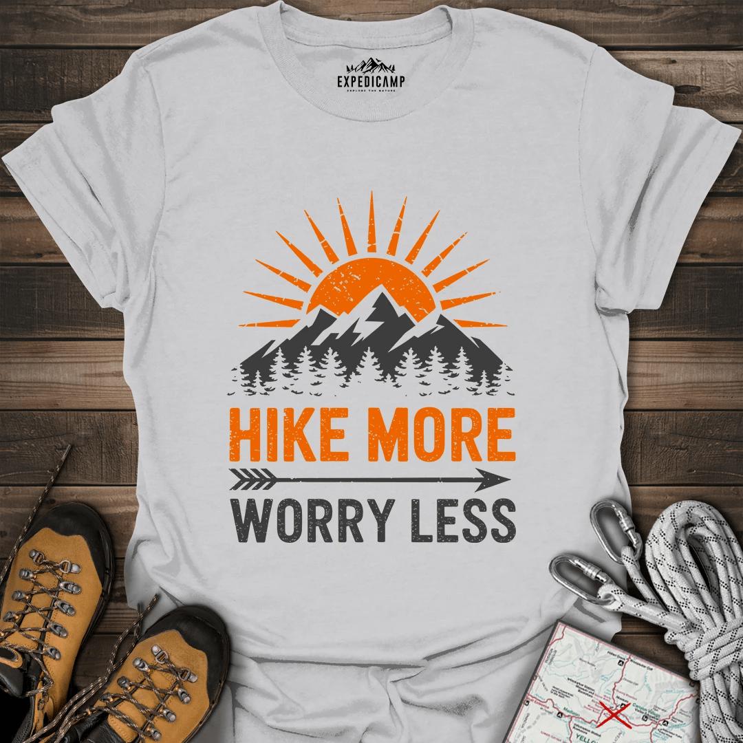Hike More Worry Less T-Shirt – Ice Grey – Outdoor apparel for travel, hiking, camping, and nature lovers – ExpediCamp
