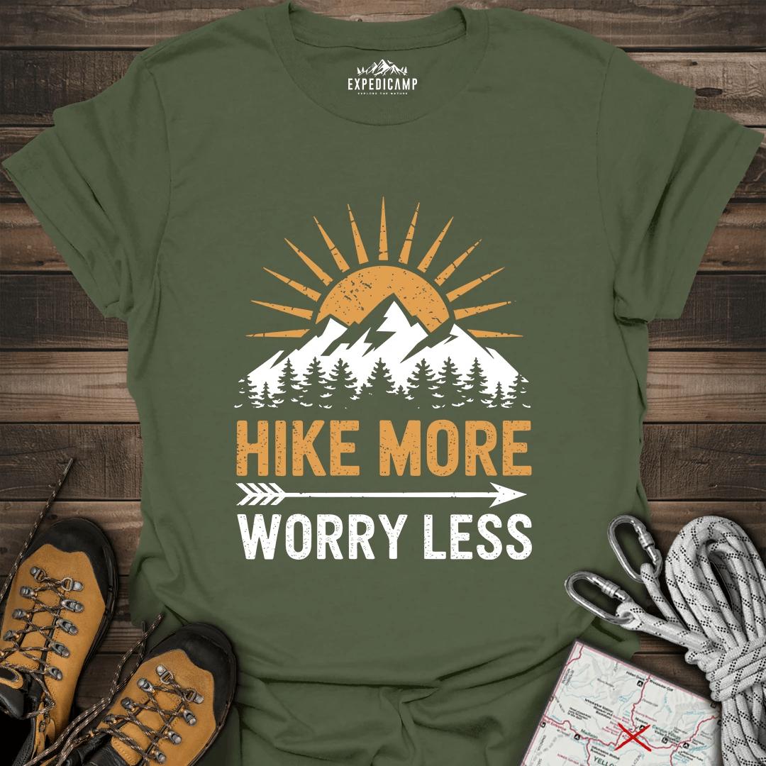 Hike More Worry Less T-Shirt – Military Green – Outdoor apparel for travel, hiking, camping, and nature lovers – ExpediCamp