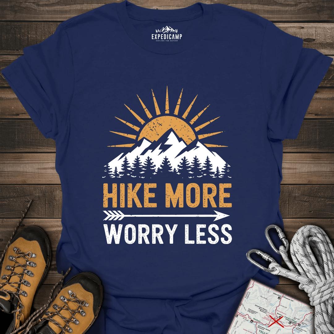 Hike More Worry Less T-Shirt – Navy – Outdoor apparel for travel, hiking, camping, and nature lovers – ExpediCamp