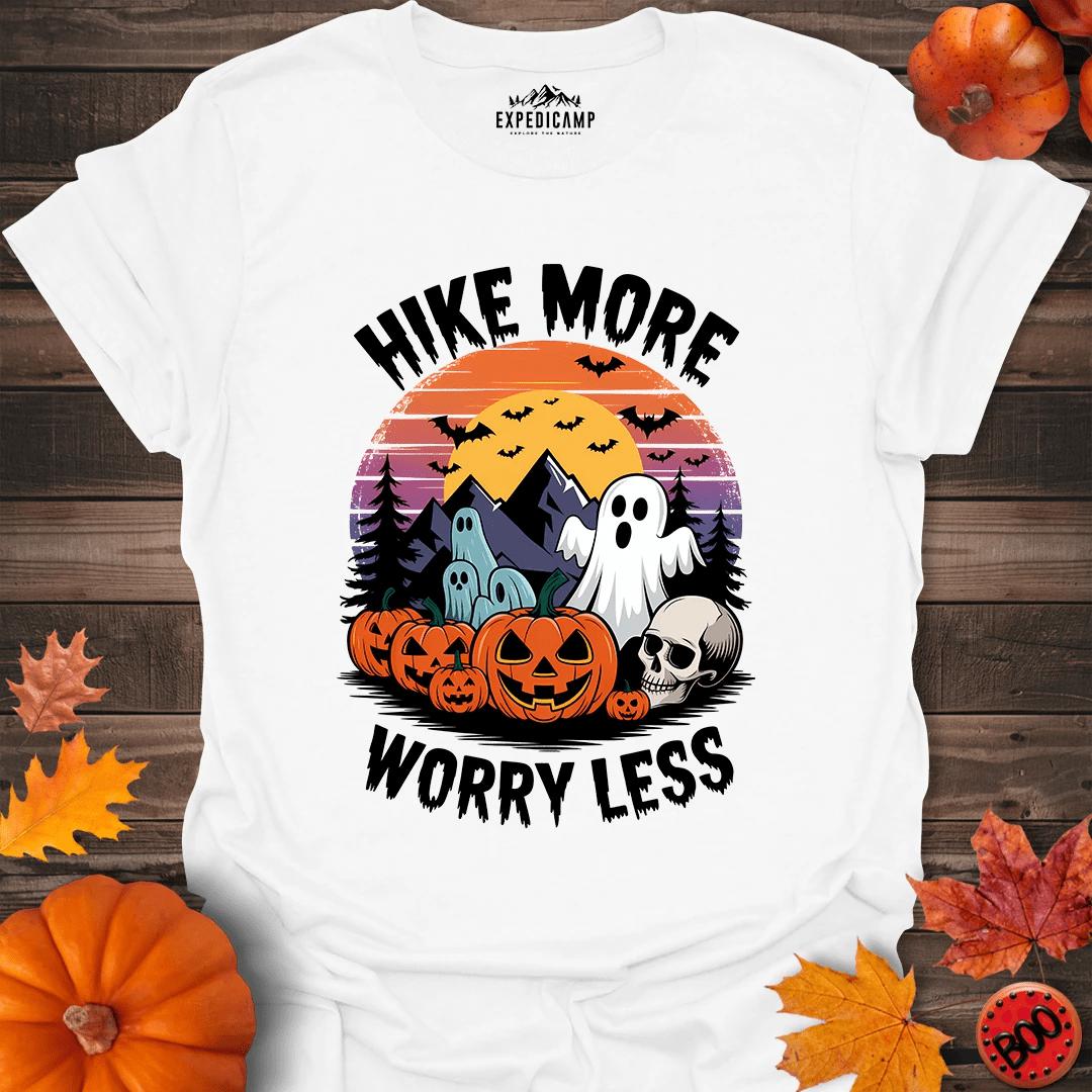 Hike More Worry Less T-Shirt – White – Outdoor apparel for travel, hiking, camping, and nature lovers – ExpediCamp