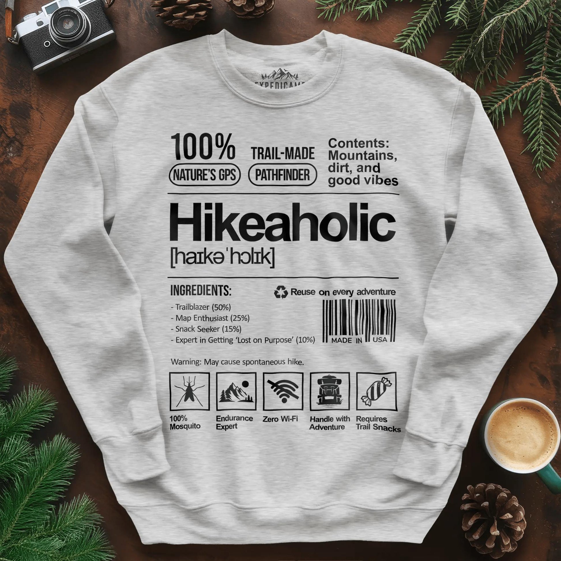 Hikeaholic Sweatshirt – Funny Hiking Addict Label – Ash – Outdoor apparel for travel, hiking, camping, and nature lovers – ExpediCamp