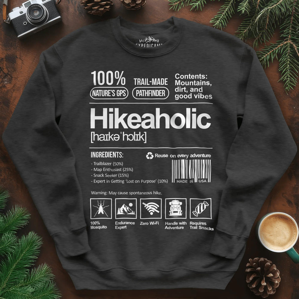 Hikeaholic Sweatshirt – Funny Hiking Addict Label – Dark Heather – Outdoor apparel for travel, hiking, camping, and nature lovers – ExpediCamp