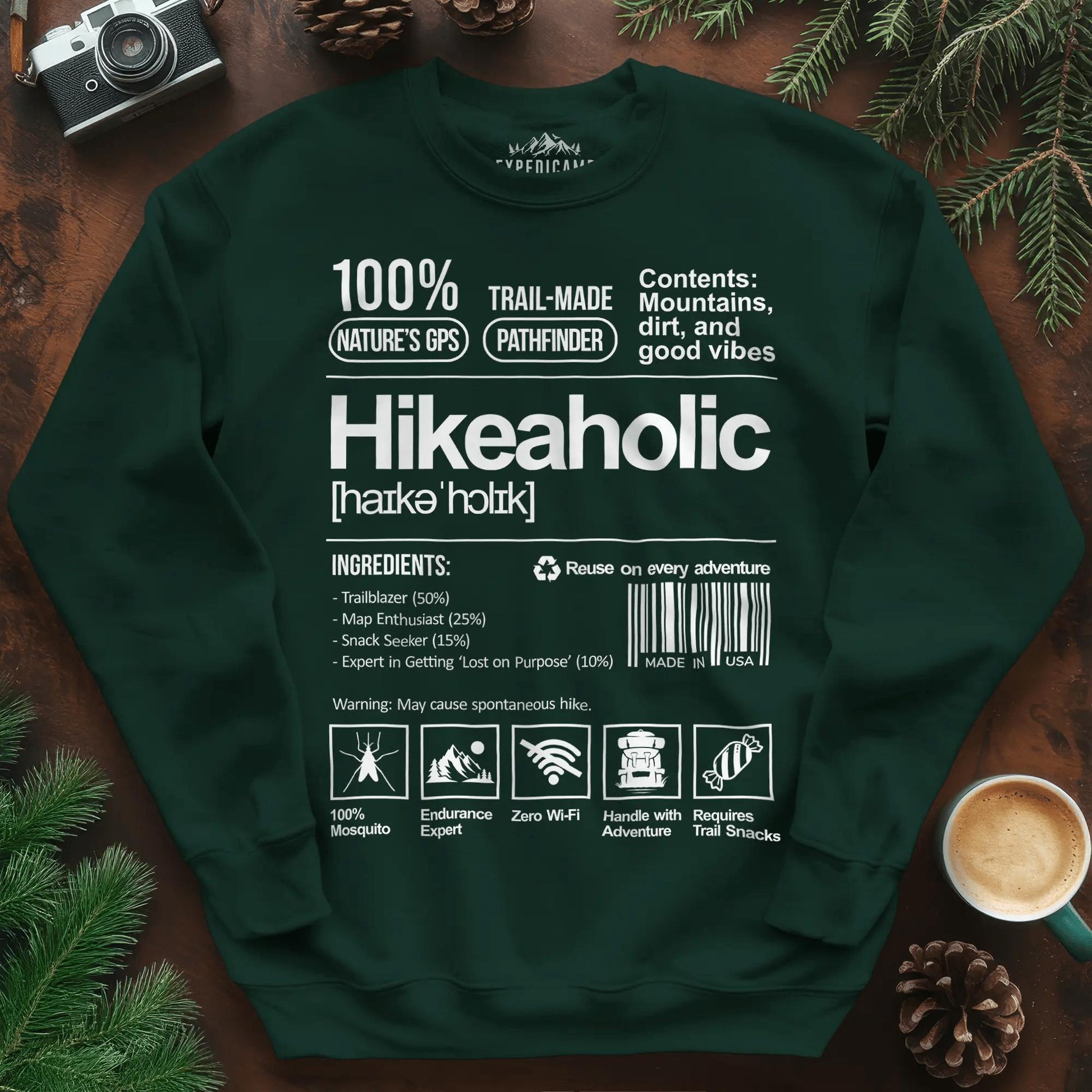 Hikeaholic Sweatshirt – Funny Hiking Addict Label – Forest Green – Outdoor apparel for travel, hiking, camping, and nature lovers – ExpediCamp