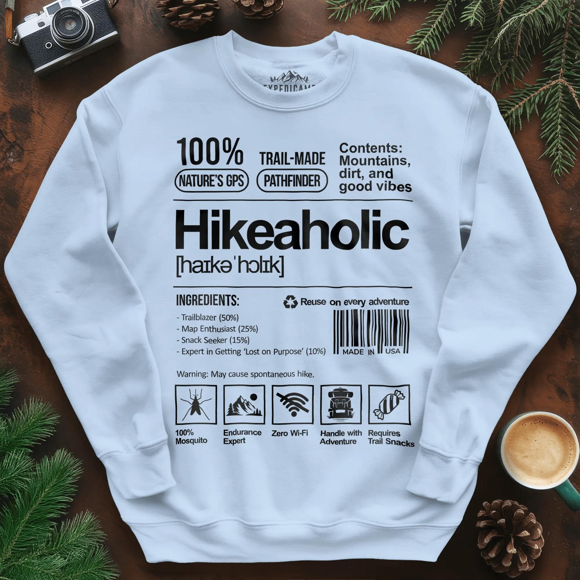 Hikeaholic Sweatshirt – Funny Hiking Addict Label – Light Blue – Outdoor apparel for travel, hiking, camping, and nature lovers – ExpediCamp