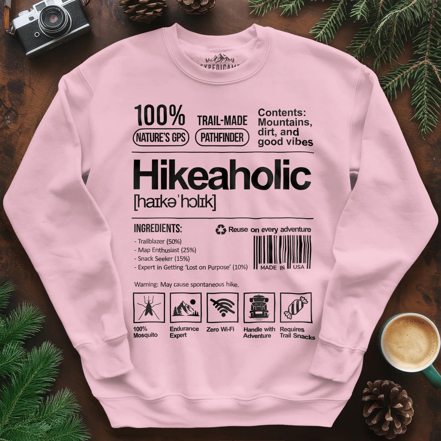 Hikeaholic Sweatshirt – Funny Hiking Addict Label – Light Pink – Outdoor apparel for travel, hiking, camping, and nature lovers – ExpediCamp