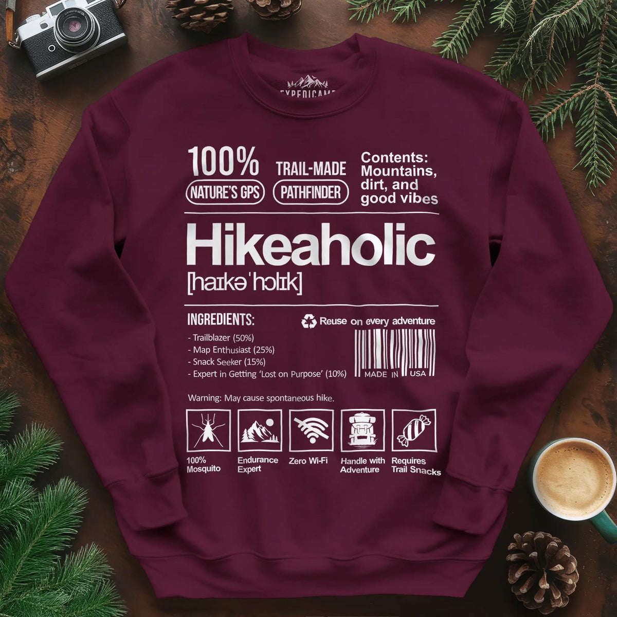 Hikeaholic Sweatshirt – Funny Hiking Addict Label – Maroon – Outdoor apparel for travel, hiking, camping, and nature lovers – ExpediCamp