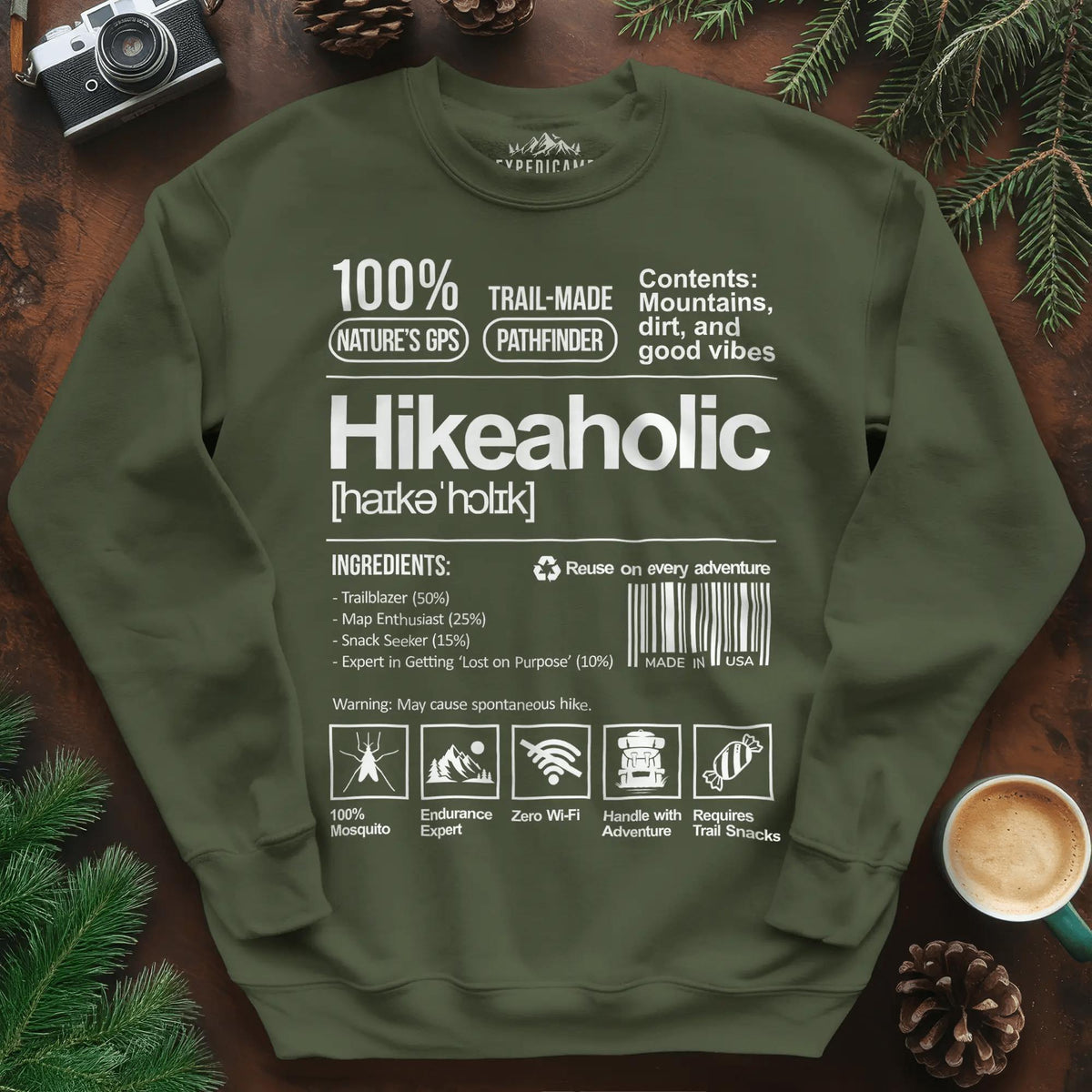 Hikeaholic Sweatshirt – Funny Hiking Addict Label – Military Green – Outdoor apparel for travel, hiking, camping, and nature lovers – ExpediCamp