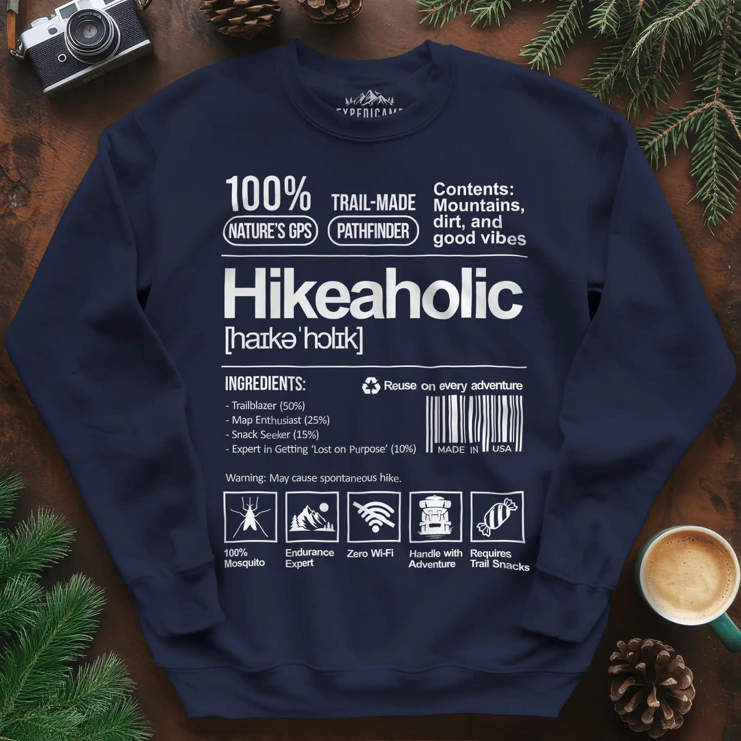 Hikeaholic Sweatshirt – Funny Hiking Addict Label – Navy – Outdoor apparel for travel, hiking, camping, and nature lovers – ExpediCamp