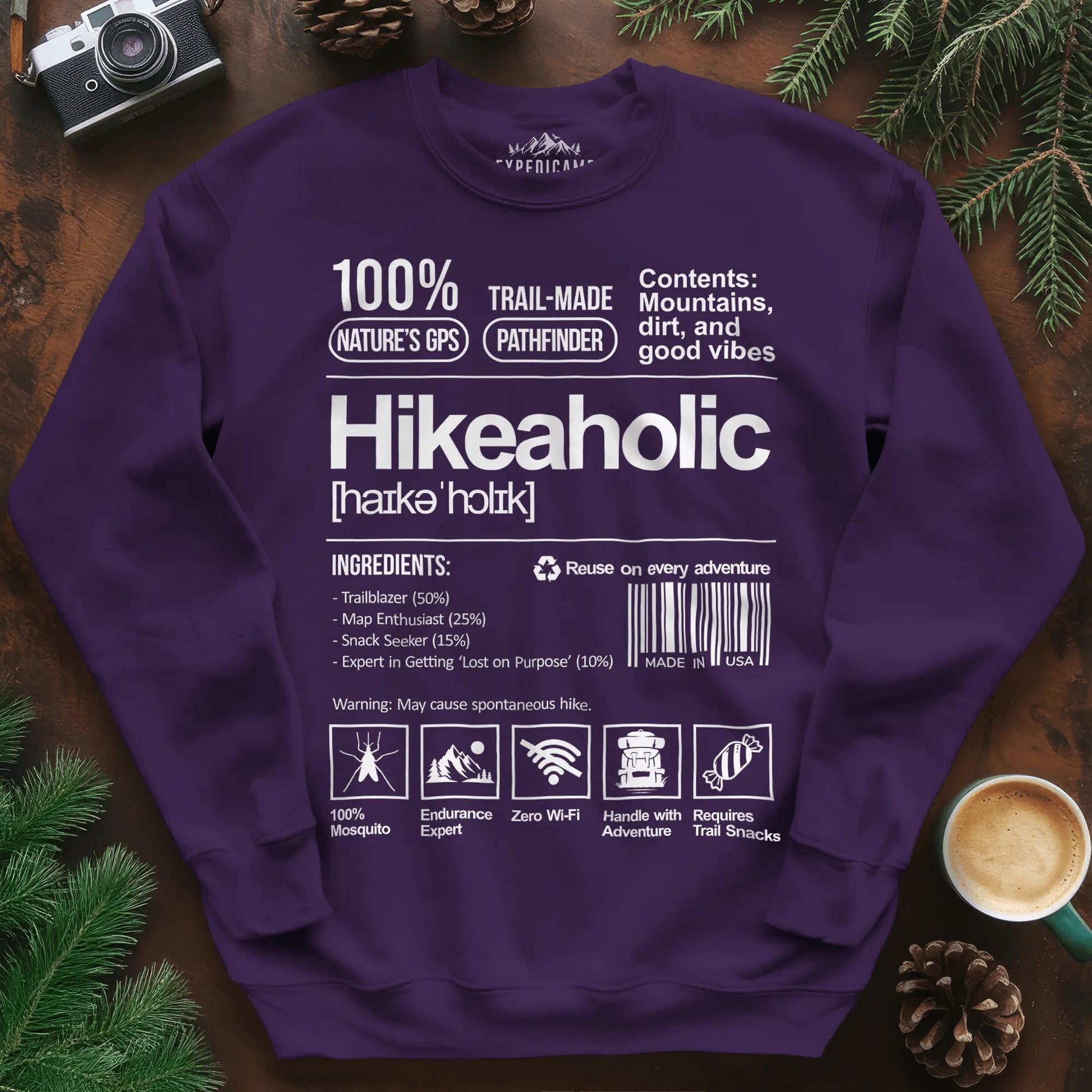Hikeaholic Sweatshirt – Funny Hiking Addict Label – Purple – Outdoor apparel for travel, hiking, camping, and nature lovers – ExpediCamp