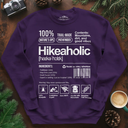 Hikeaholic Sweatshirt – Funny Hiking Addict Label – Purple – Outdoor apparel for travel, hiking, camping, and nature lovers – ExpediCamp