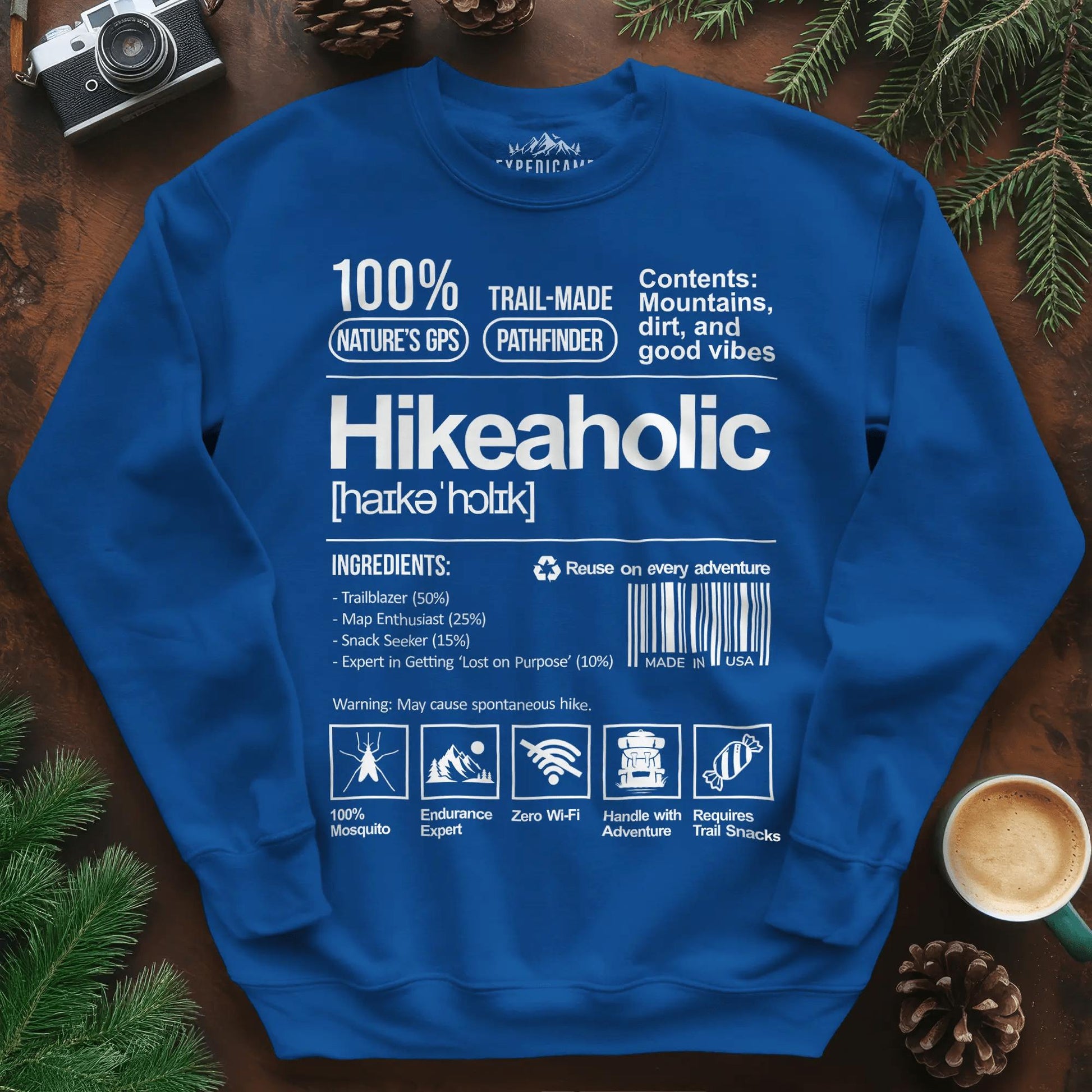 Hikeaholic Sweatshirt – Funny Hiking Addict Label – Royal – Outdoor apparel for travel, hiking, camping, and nature lovers – ExpediCamp