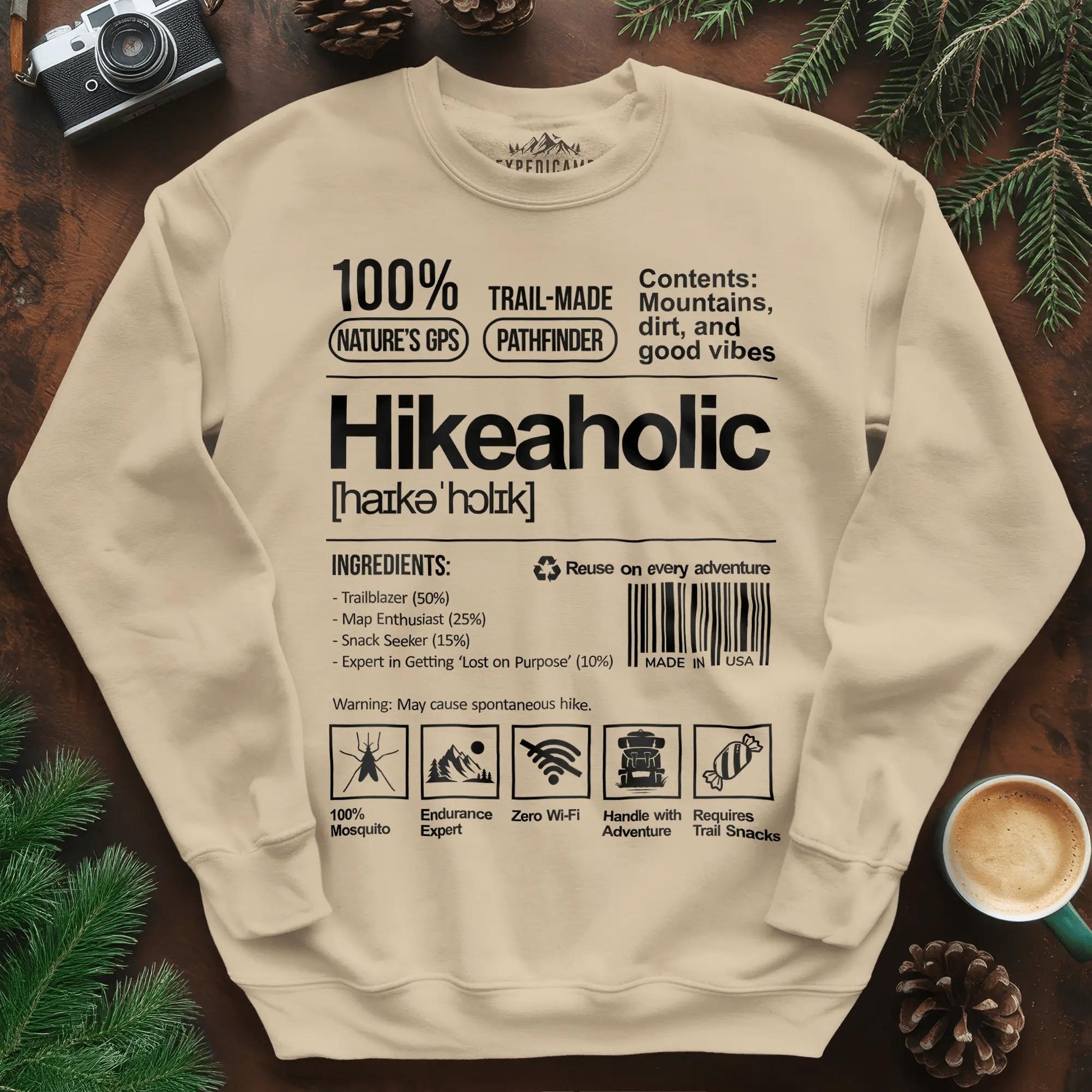Hikeaholic Sweatshirt – Funny Hiking Addict Label – Sand – Outdoor apparel for travel, hiking, camping, and nature lovers – ExpediCamp