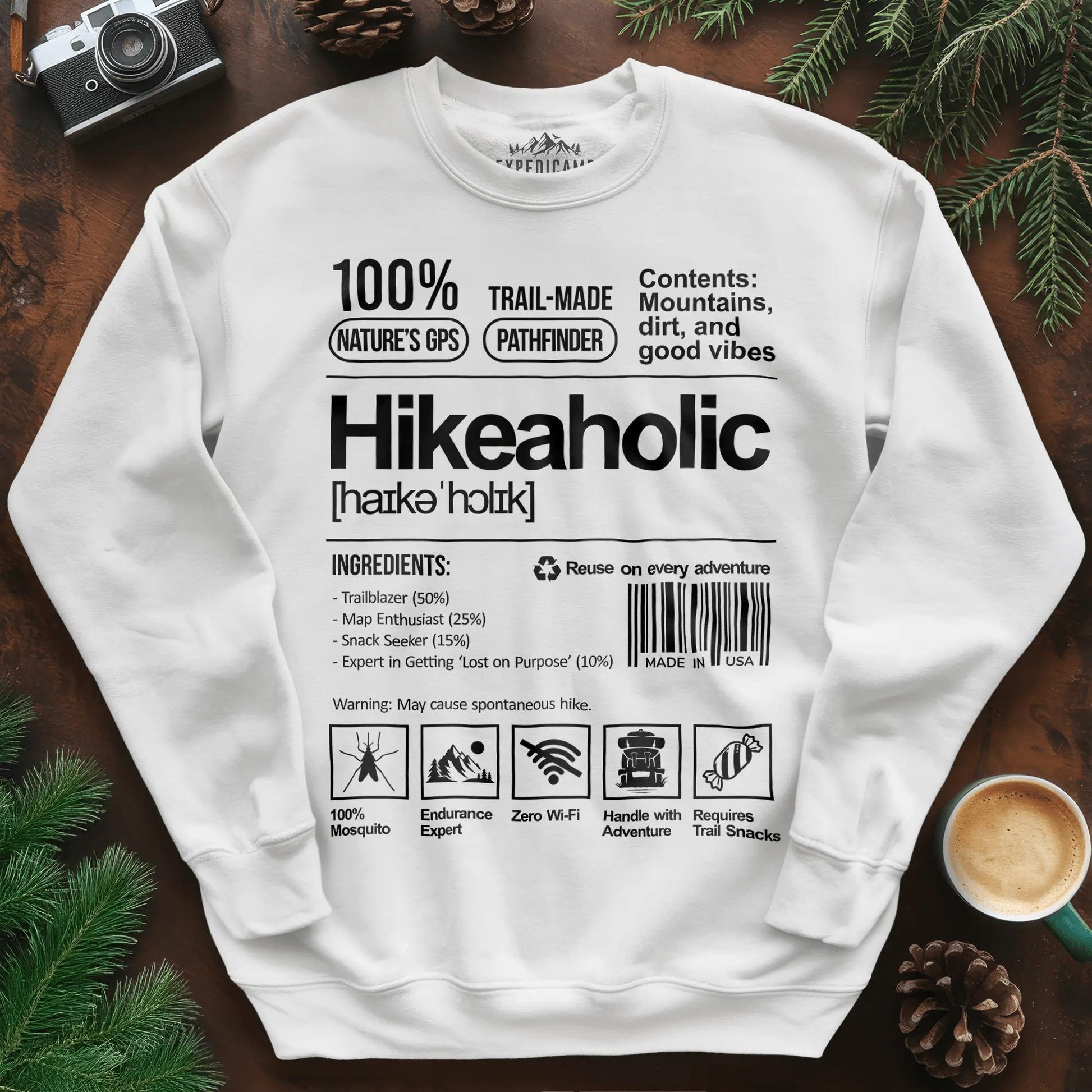 Hikeaholic Sweatshirt – Funny Hiking Addict Label – White – Outdoor apparel for travel, hiking, camping, and nature lovers – ExpediCamp