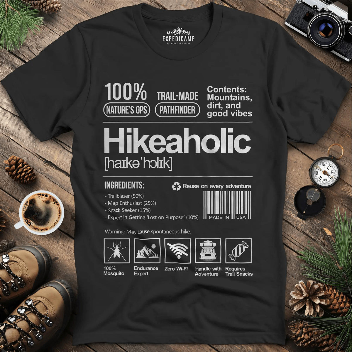 Hikeaholic T-Shirt – Funny Hiking Addict Label Tee – Black – Outdoor apparel for travel, hiking, camping, and nature lovers – ExpediCamp
