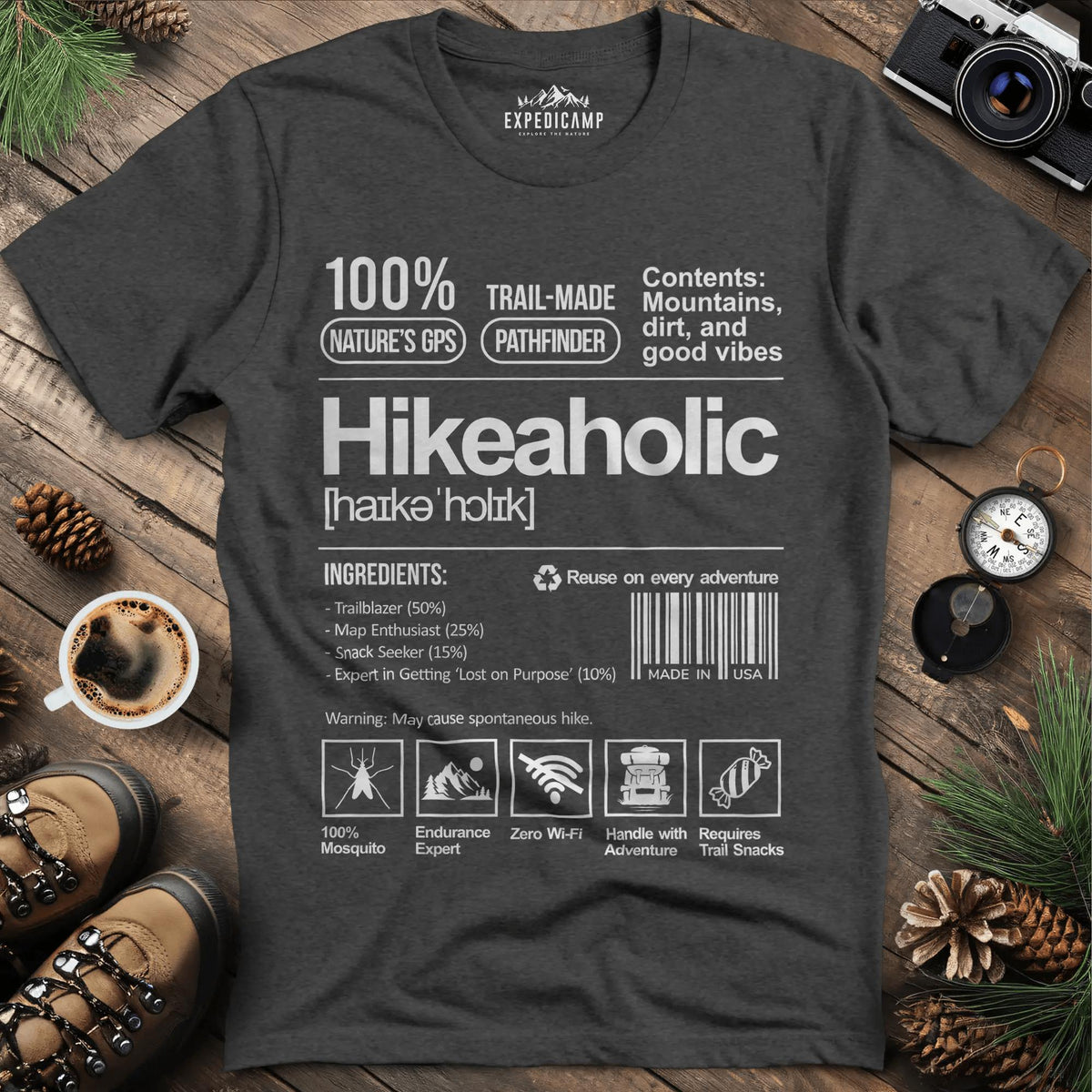 Hikeaholic T-Shirt – Funny Hiking Addict Label Tee – Dark Heather – Outdoor apparel for travel, hiking, camping, and nature lovers – ExpediCamp