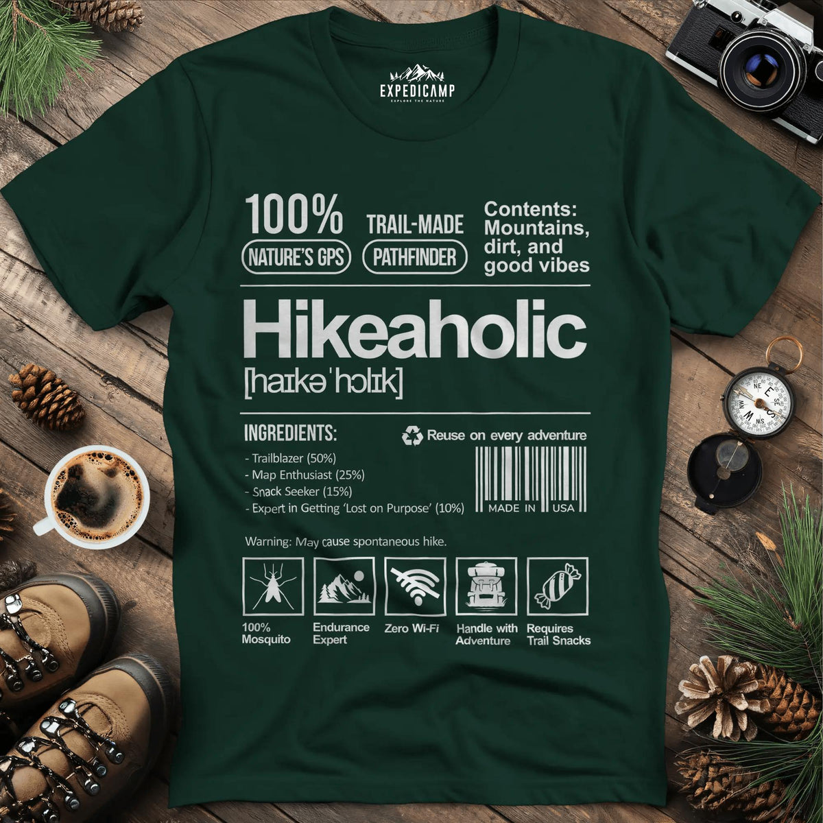 Hikeaholic T-Shirt – Funny Hiking Addict Label Tee – Forest Green – Outdoor apparel for travel, hiking, camping, and nature lovers – ExpediCamp