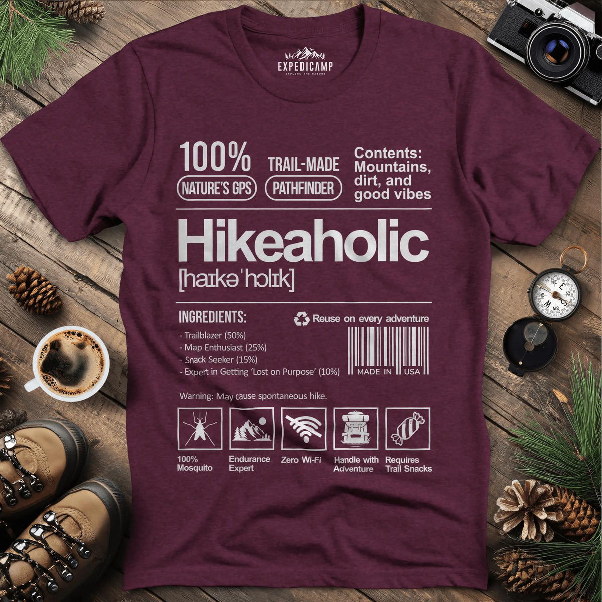 Hikeaholic T-Shirt – Funny Hiking Addict Label Tee – Heather Maroon – Outdoor apparel for travel, hiking, camping, and nature lovers – ExpediCamp