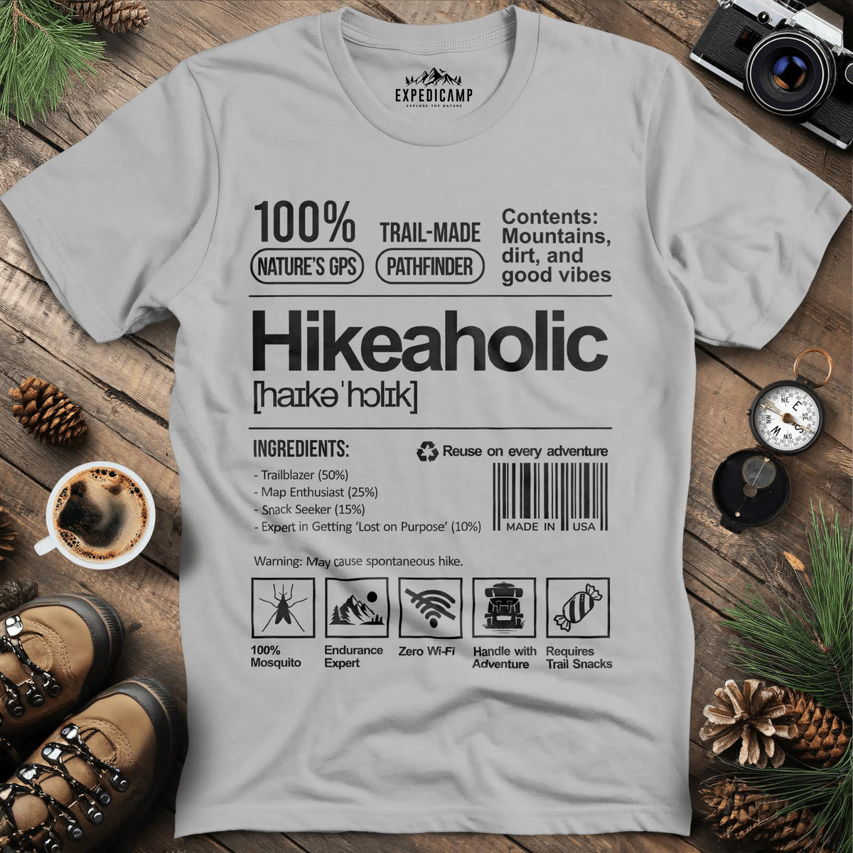 Hikeaholic T-Shirt – Funny Hiking Addict Label Tee – Ice Grey – Outdoor apparel for travel, hiking, camping, and nature lovers – ExpediCamp