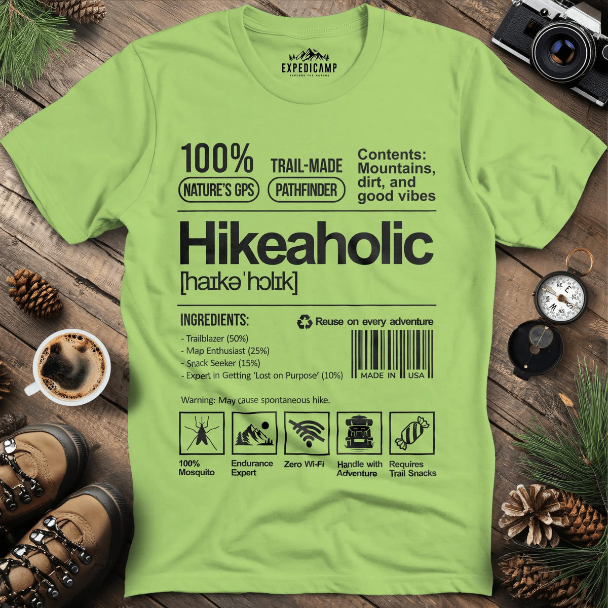 Hikeaholic T-Shirt – Funny Hiking Addict Label Tee – Kiwi – Outdoor apparel for travel, hiking, camping, and nature lovers – ExpediCamp