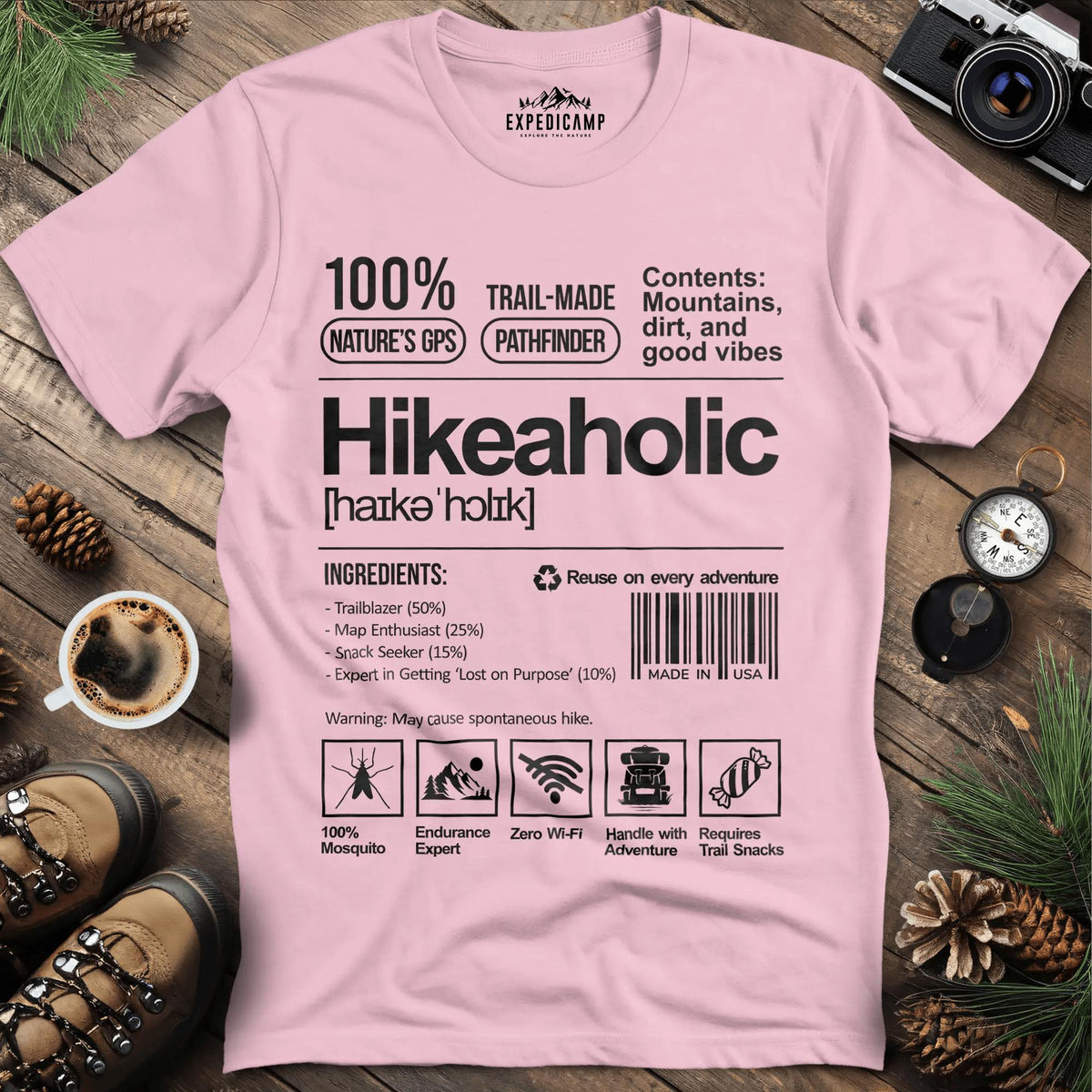 Hikeaholic T-Shirt – Funny Hiking Addict Label Tee – Light Pink – Outdoor apparel for travel, hiking, camping, and nature lovers – ExpediCamp