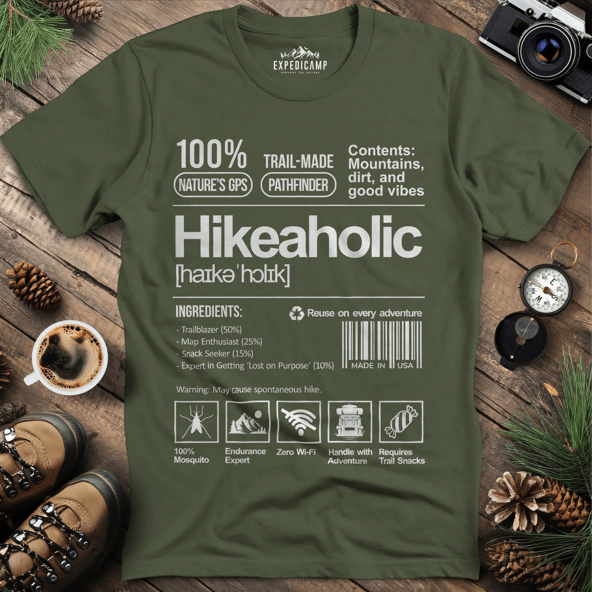 Hikeaholic T-Shirt – Funny Hiking Addict Label Tee – Military Green – Outdoor apparel for travel, hiking, camping, and nature lovers – ExpediCamp
