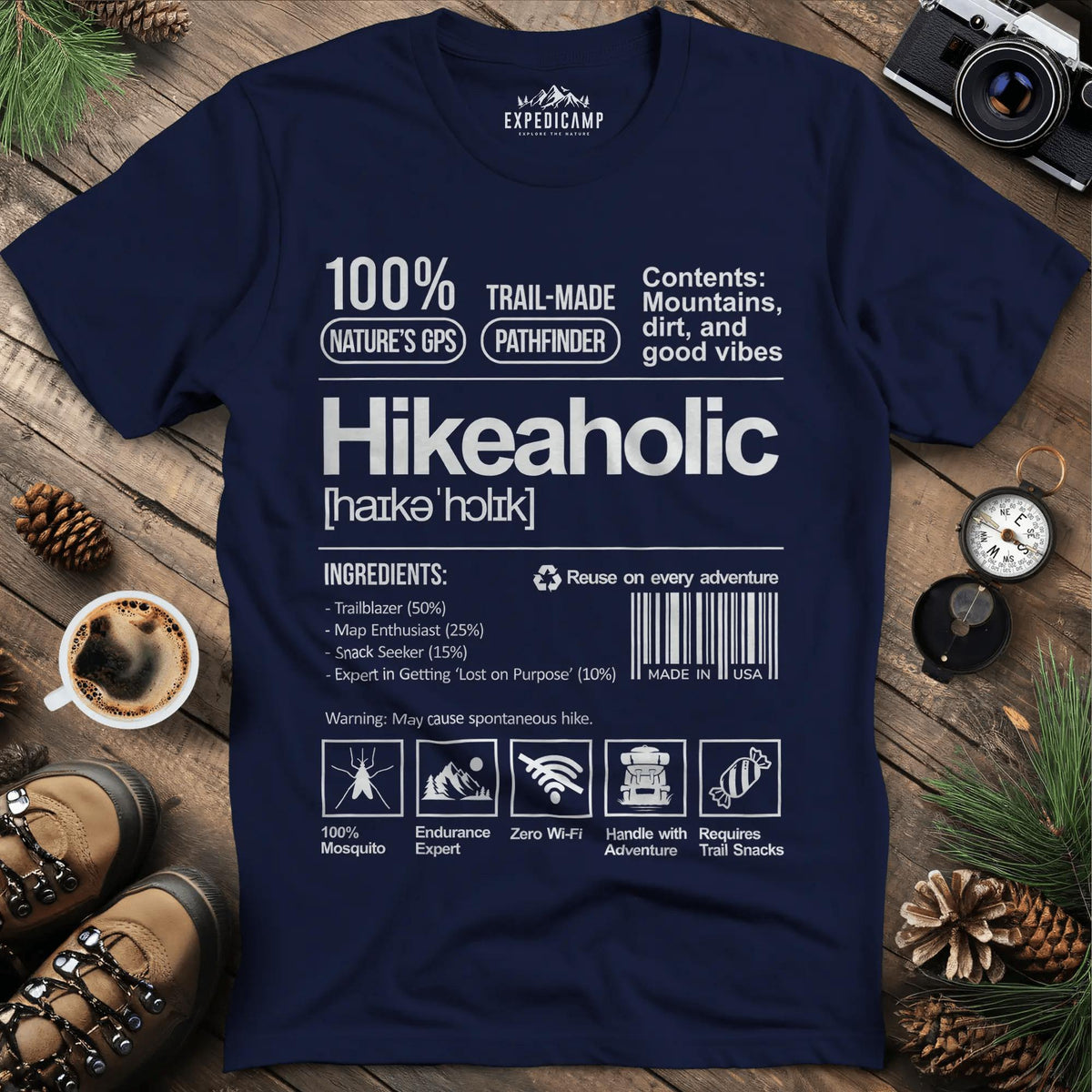 Hikeaholic T-Shirt – Funny Hiking Addict Label Tee – Navy – Outdoor apparel for travel, hiking, camping, and nature lovers – ExpediCamp