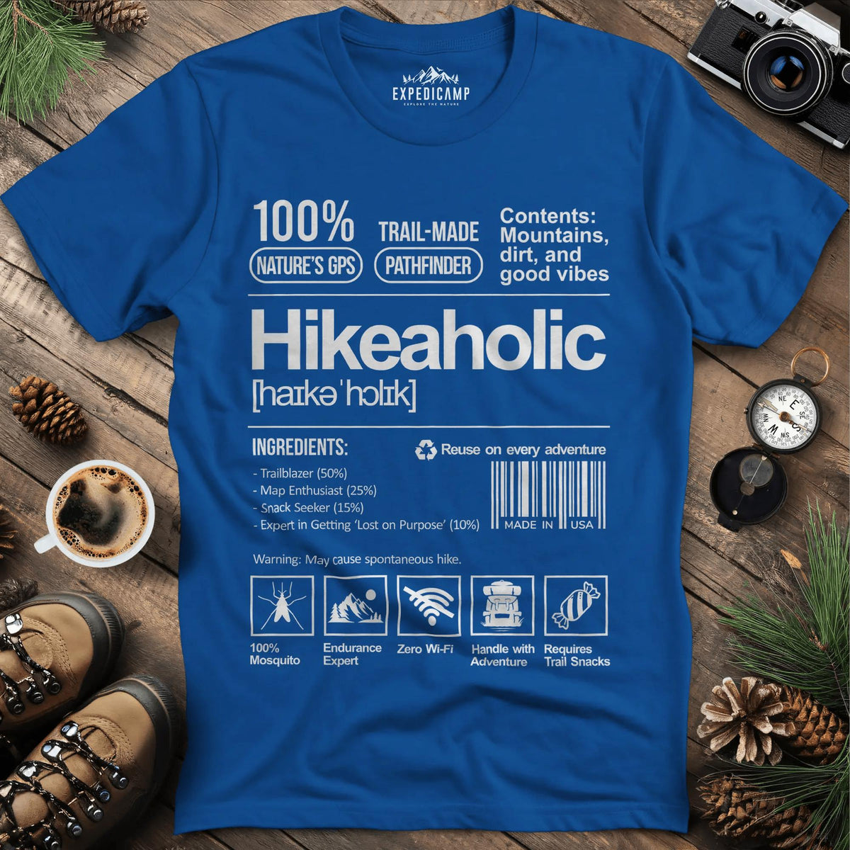 Hikeaholic T-Shirt – Funny Hiking Addict Label Tee – Royal – Outdoor apparel for travel, hiking, camping, and nature lovers – ExpediCamp