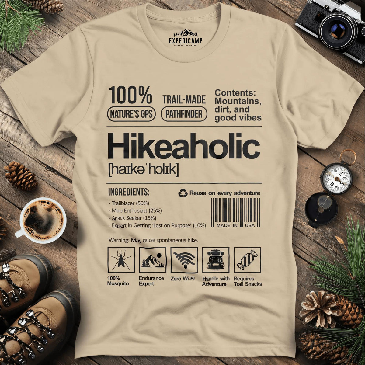 Hikeaholic T-Shirt – Funny Hiking Addict Label Tee – Sand – Outdoor apparel for travel, hiking, camping, and nature lovers – ExpediCamp