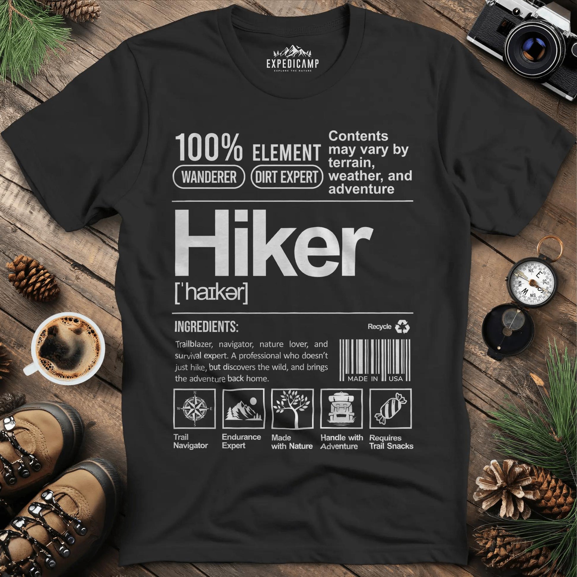 Hiker Label T-Shirt – Funny Hiking Ingredient Label Tee – Black – Outdoor apparel for travel, hiking, camping, and nature lovers – ExpediCamp