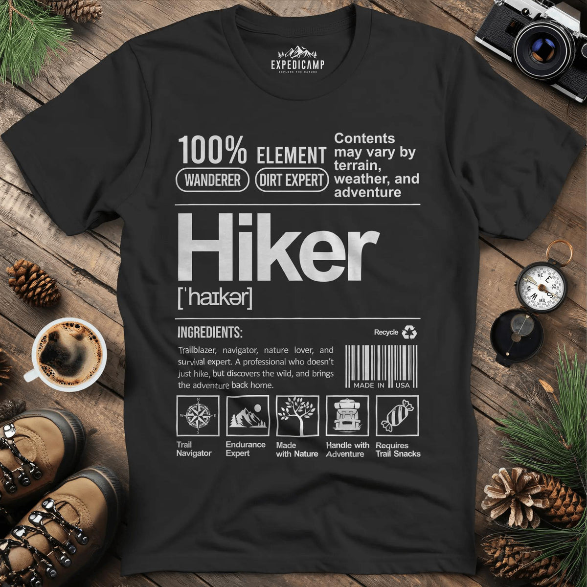 Hiker Label T-Shirt – Funny Hiking Ingredient Label Tee – Black – Outdoor apparel for travel, hiking, camping, and nature lovers – ExpediCamp
