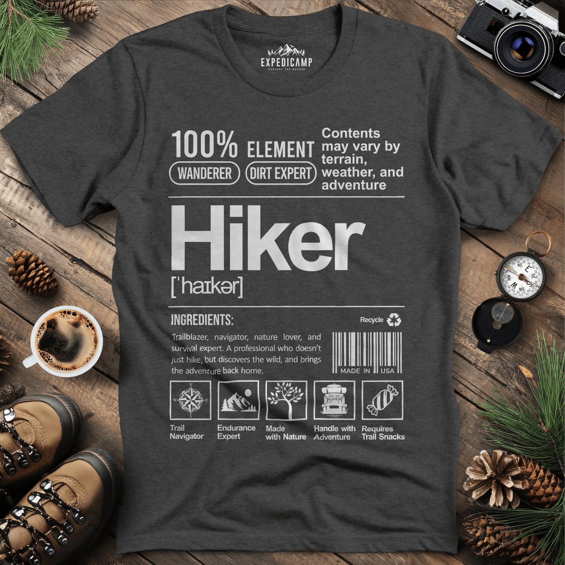 Hiker Label T-Shirt – Funny Hiking Ingredient Label Tee – Dark Heather – Outdoor apparel for travel, hiking, camping, and nature lovers – ExpediCamp