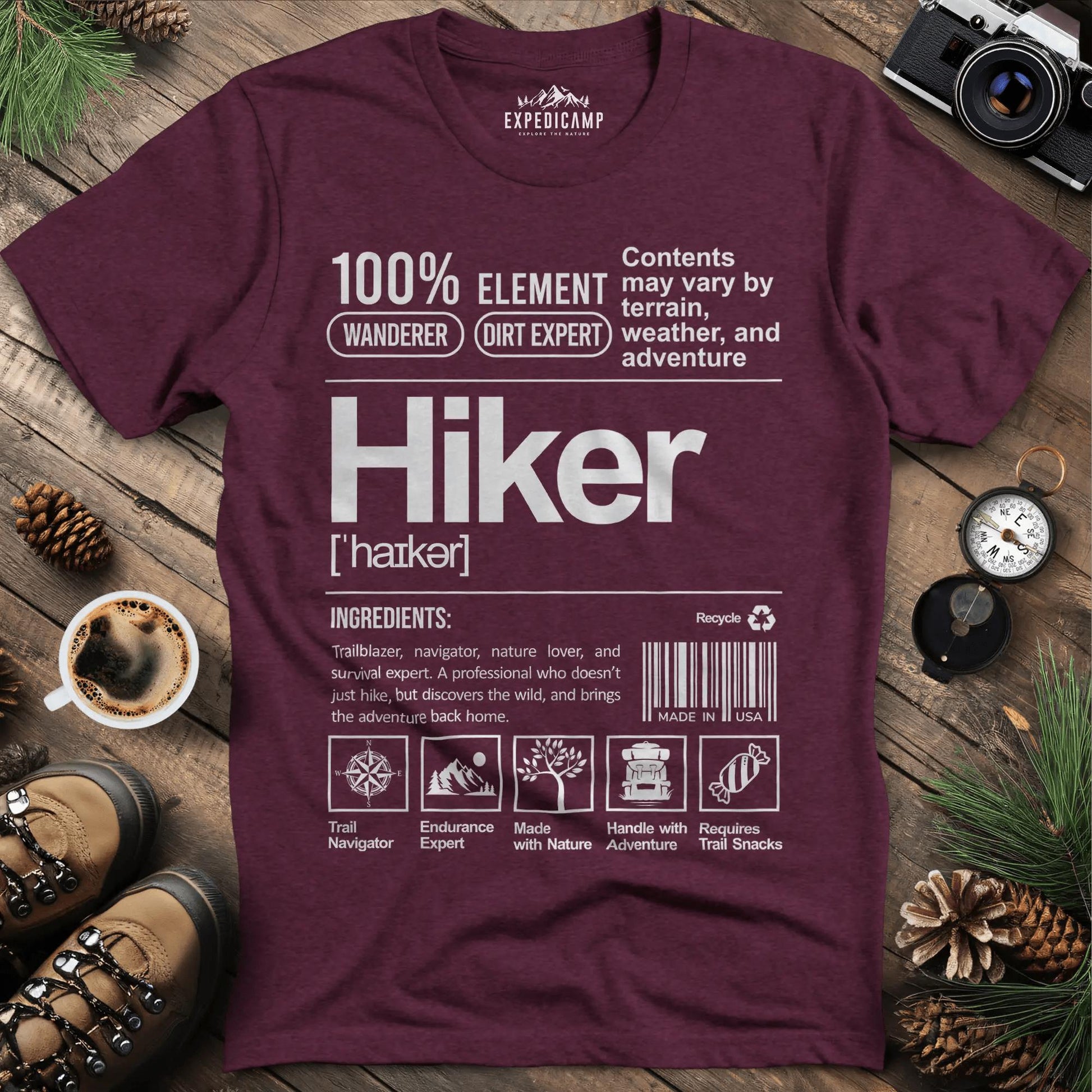 Hiker Label T-Shirt – Funny Hiking Ingredient Label Tee – Heather Maroon – Outdoor apparel for travel, hiking, camping, and nature lovers – ExpediCamp