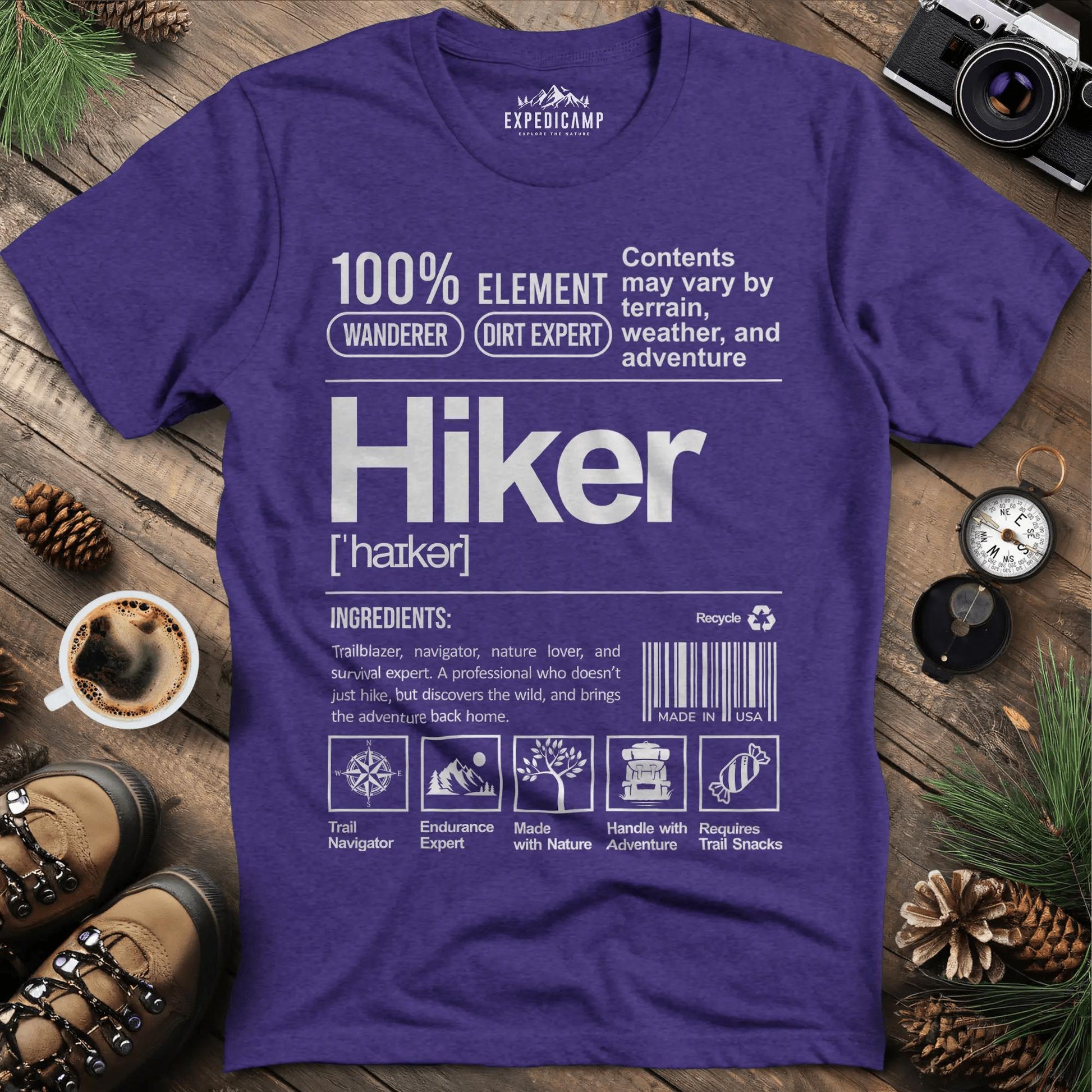 Hiker Label T-Shirt – Funny Hiking Ingredient Label Tee – Heather Purple – Outdoor apparel for travel, hiking, camping, and nature lovers – ExpediCamp