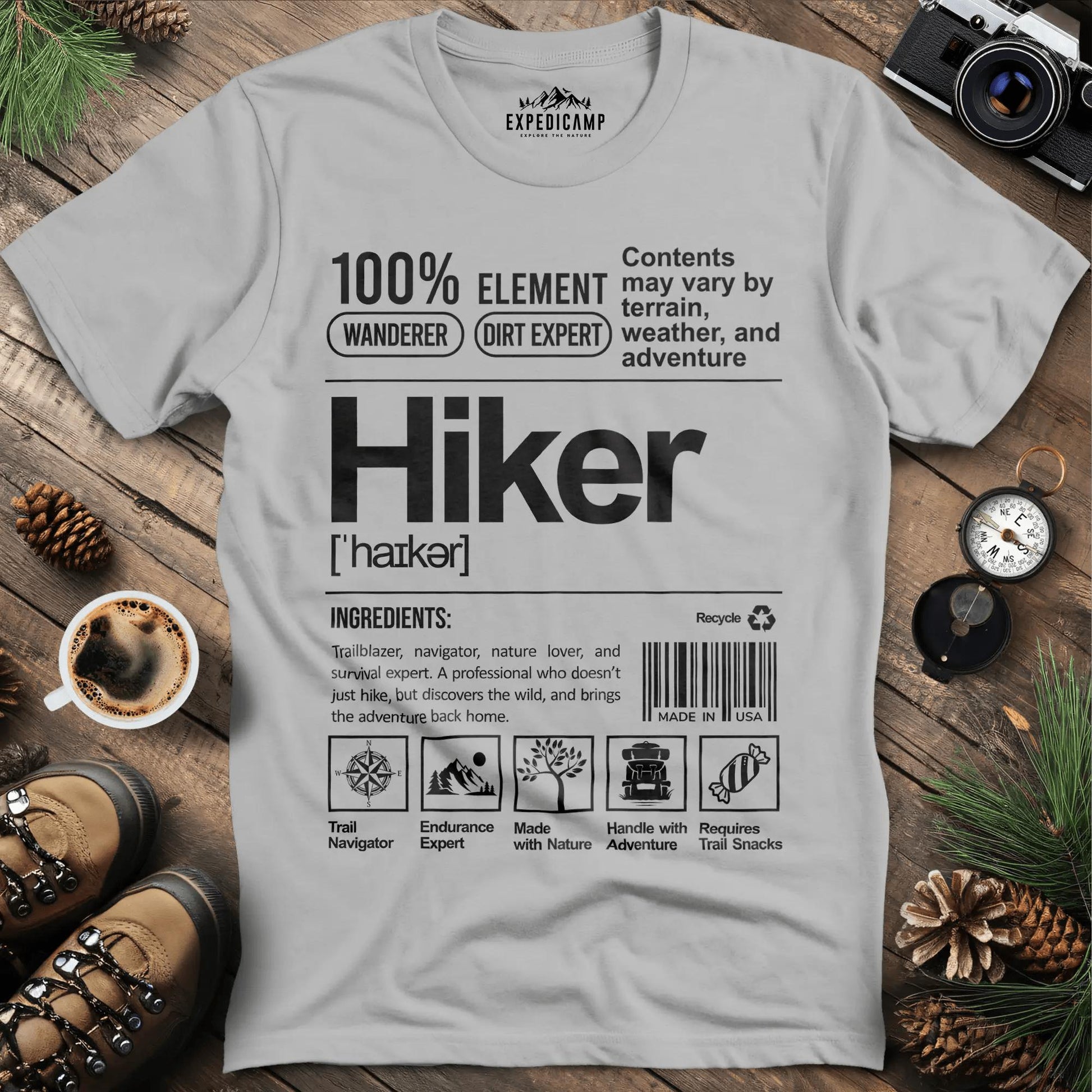 Hiker Label T-Shirt – Funny Hiking Ingredient Label Tee – Ice Grey – Outdoor apparel for travel, hiking, camping, and nature lovers – ExpediCamp