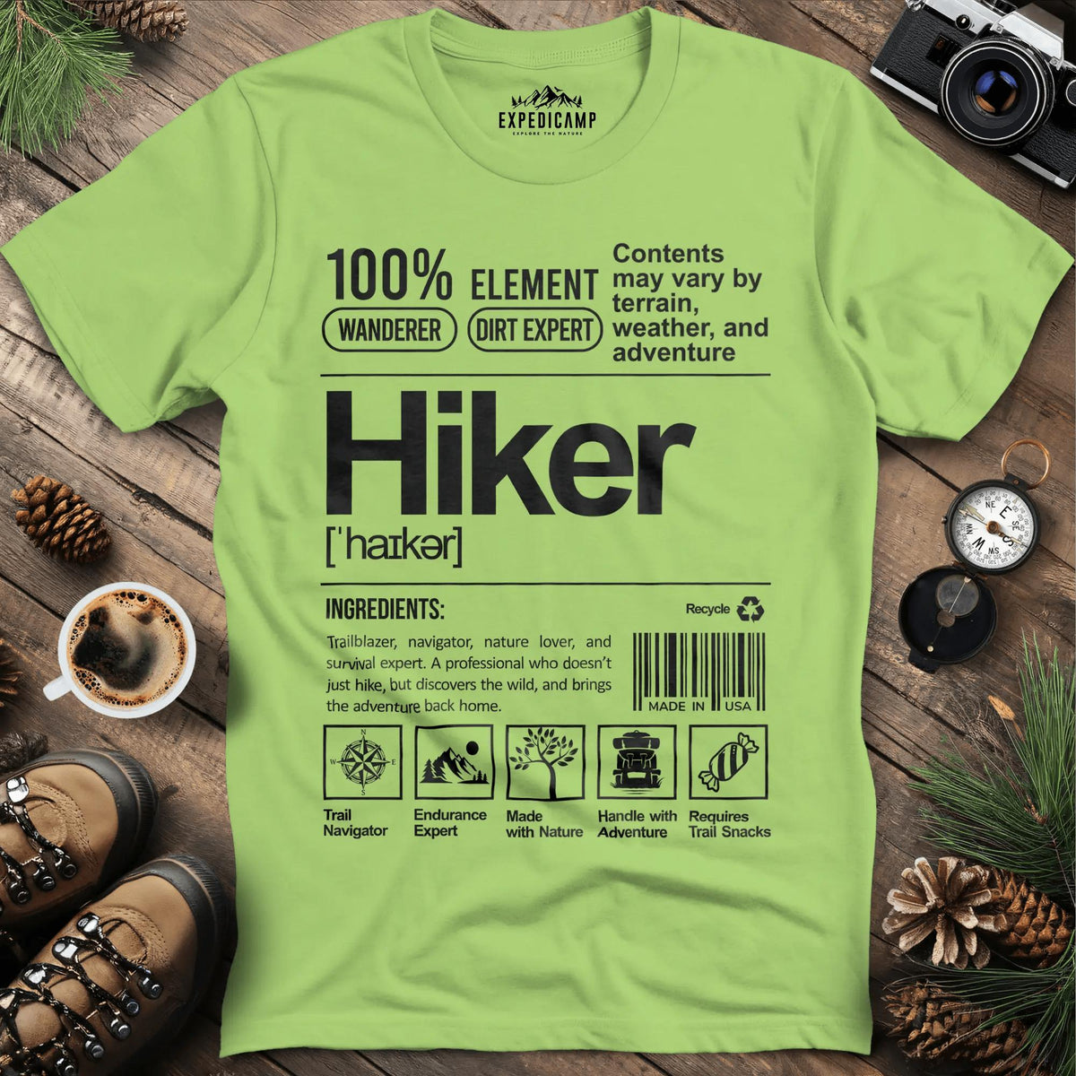 Hiker Label T-Shirt – Funny Hiking Ingredient Label Tee – Kiwi – Outdoor apparel for travel, hiking, camping, and nature lovers – ExpediCamp