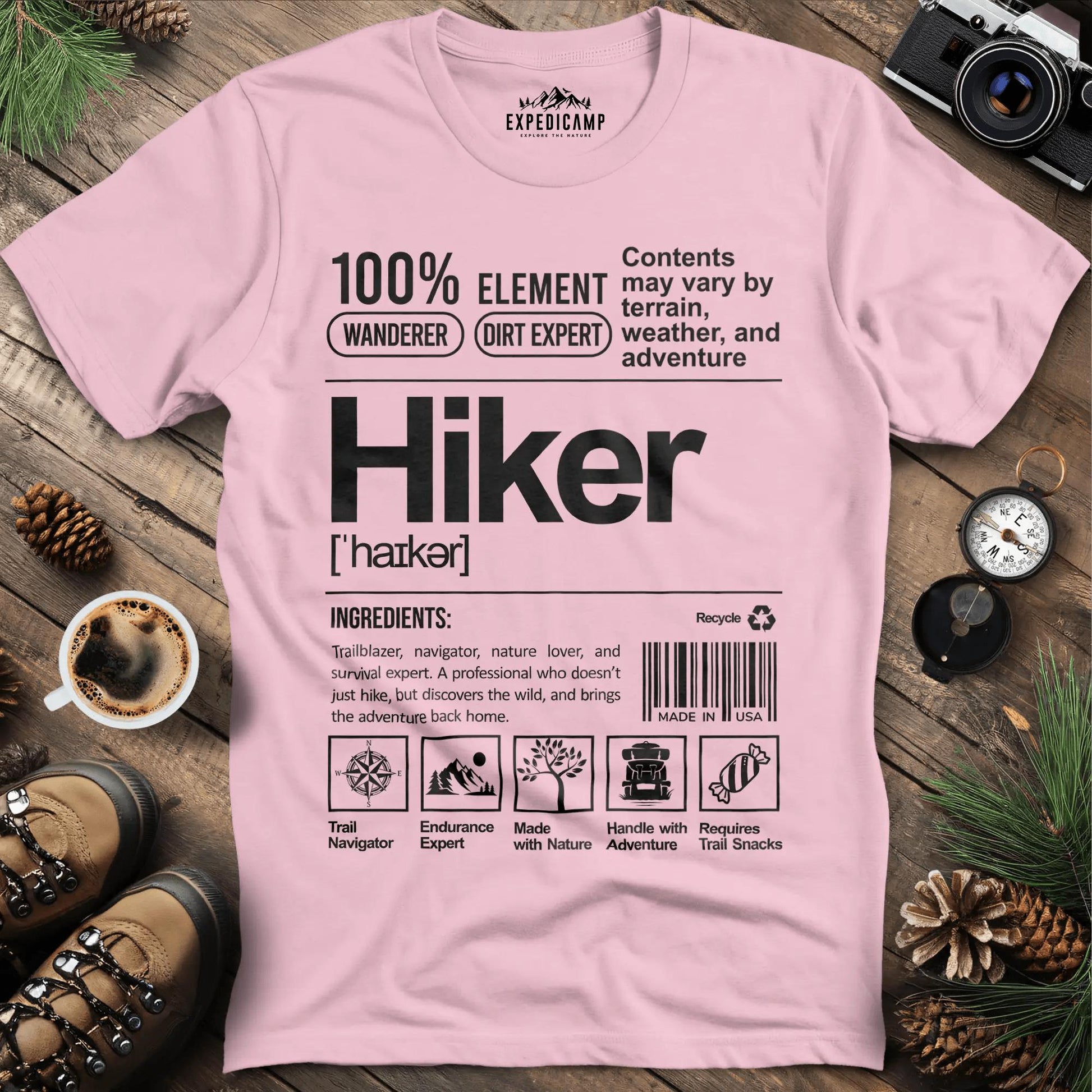 Hiker Label T-Shirt – Funny Hiking Ingredient Label Tee – Light Pink – Outdoor apparel for travel, hiking, camping, and nature lovers – ExpediCamp