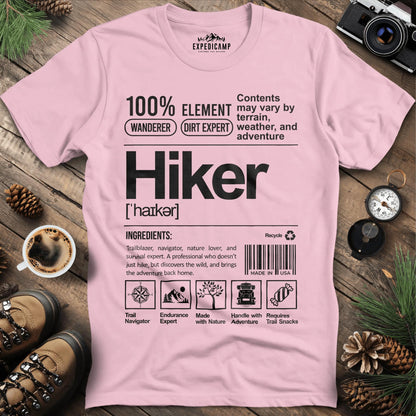 Hiker Label T-Shirt – Funny Hiking Ingredient Label Tee – Light Pink – Outdoor apparel for travel, hiking, camping, and nature lovers – ExpediCamp