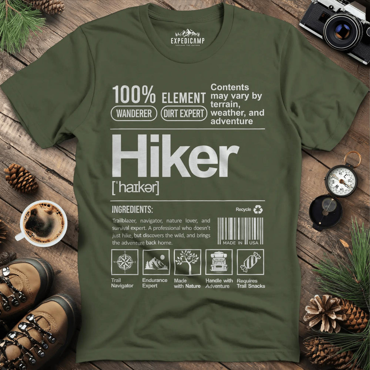 Hiker Label T-Shirt – Funny Hiking Ingredient Label Tee – Military Green – Outdoor apparel for travel, hiking, camping, and nature lovers – ExpediCamp