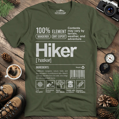 Hiker Label T-Shirt – Funny Hiking Ingredient Label Tee – Military Green – Outdoor apparel for travel, hiking, camping, and nature lovers – ExpediCamp